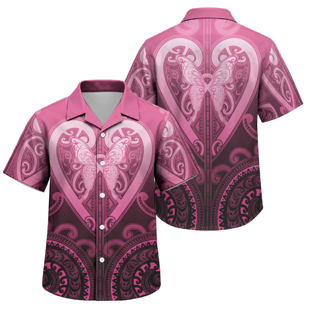 Aotearoa Breast Cancer Family Matching Off Shoulder Short Dress and Hawaiian Shirt Maori Tribal Pattern