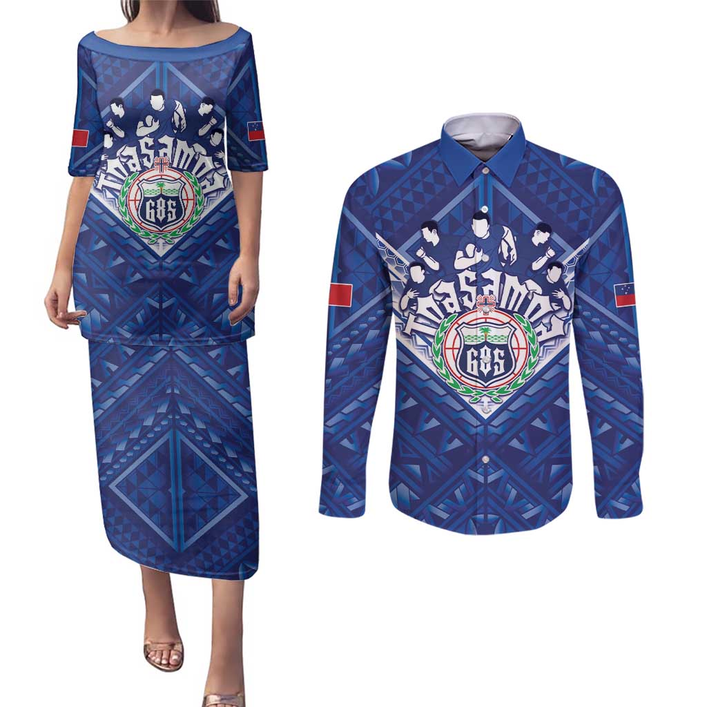 Toa Samoa Rugby Custom Couples Matching Puletasi and Long Sleeve Button Shirt Samoan Pride With Tribal Pattern - Polynesian Pride