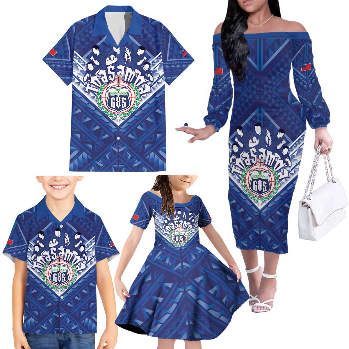 Toa Samoa Rugby Custom Family Matching Off The Shoulder Long Sleeve Dress and Hawaiian Shirt Samoan Pride With Tribal Pattern - Polynesian Pride