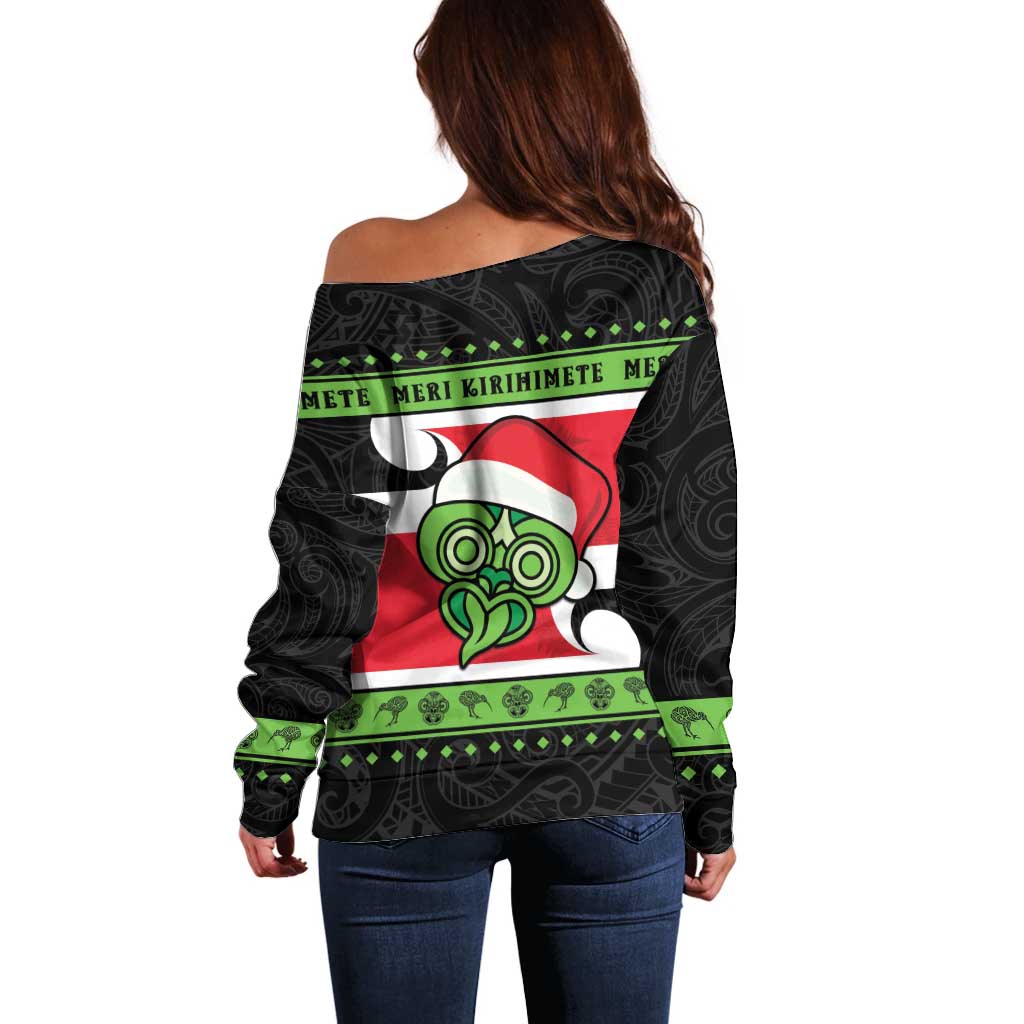 New Zealand Funny Christmas Off Shoulder Sweater Maori Tiki