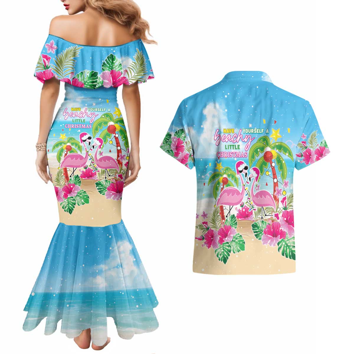 Hawaii Christmas Couples Matching Mermaid Dress and Hawaiian Shirt Deck The Palms Holiday Flamingos LT05 - Polynesian Pride