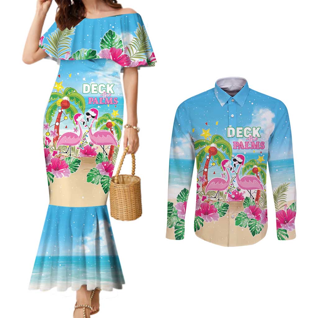 Hawaii Christmas Couples Matching Mermaid Dress and Long Sleeve Button Shirt Deck The Palms Holiday Flamingos