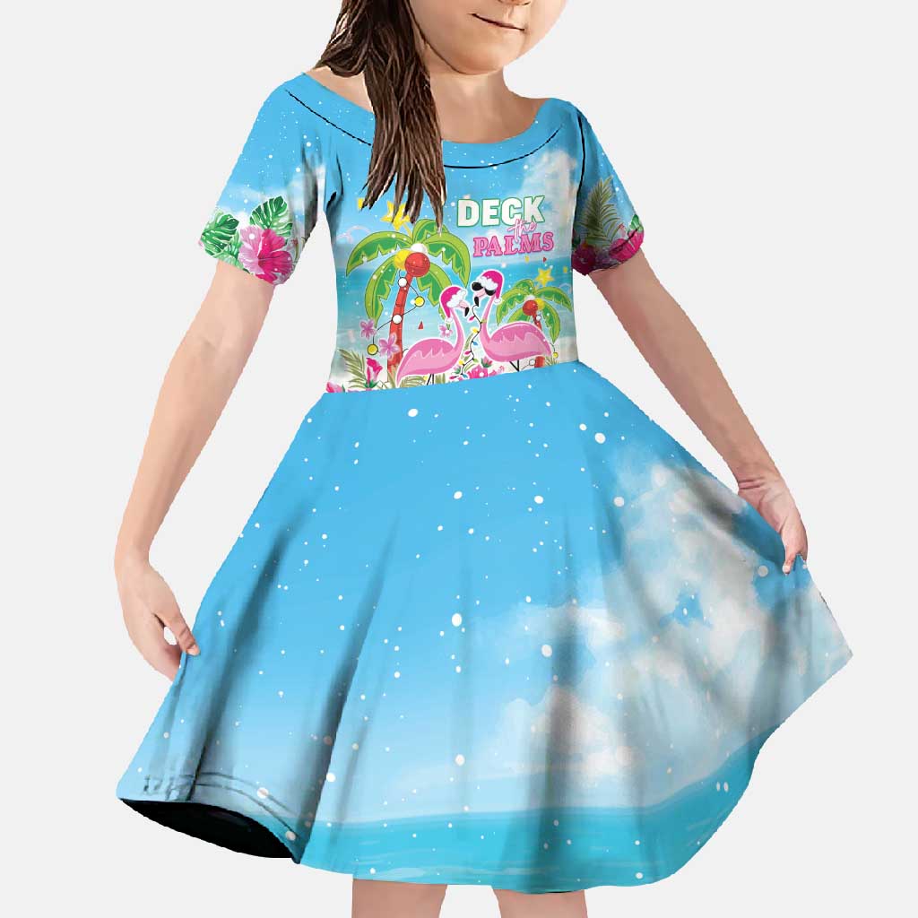 Hawaii Christmas Family Matching Long Sleeve Bodycon Dress and Hawaiian Shirt Deck The Palms Holiday Flamingos LT05 Daughter's Dress Blue - Polynesian Pride