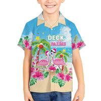 Hawaii Christmas Family Matching Long Sleeve Bodycon Dress and Hawaiian Shirt Deck The Palms Holiday Flamingos LT05 Son's Shirt Blue - Polynesian Pride