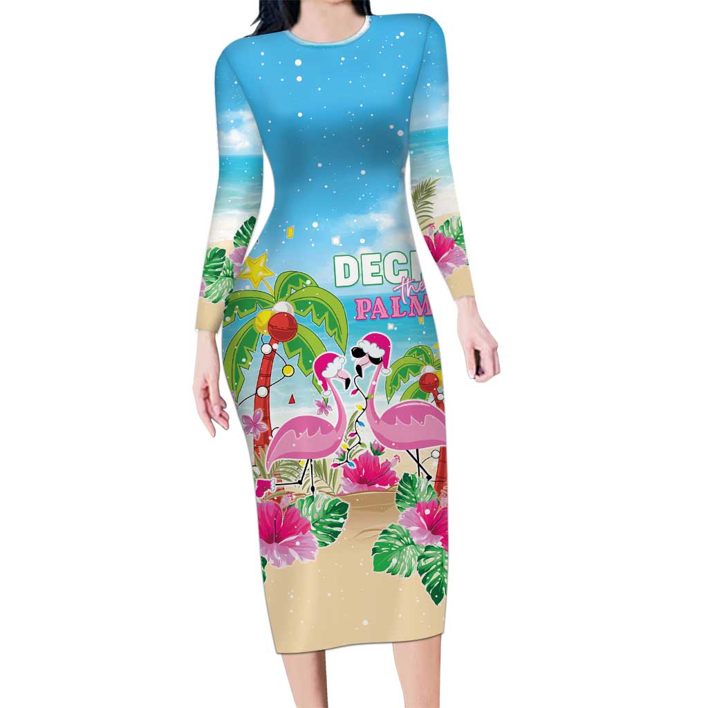 Hawaii Christmas Long Sleeve Bodycon Dress Deck The Palms Holiday Flamingos