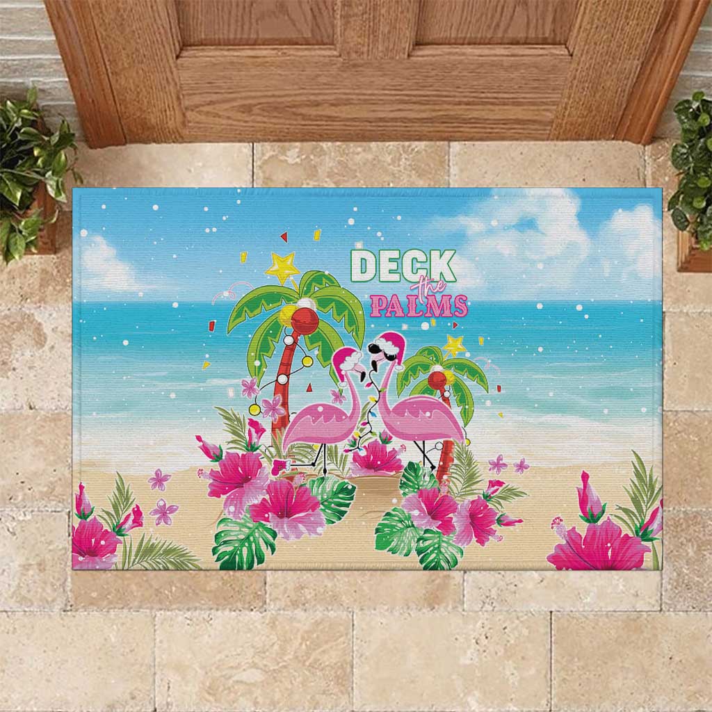 Hawaii Christmas Rubber Doormat Deck The Palms Holiday Flamingos