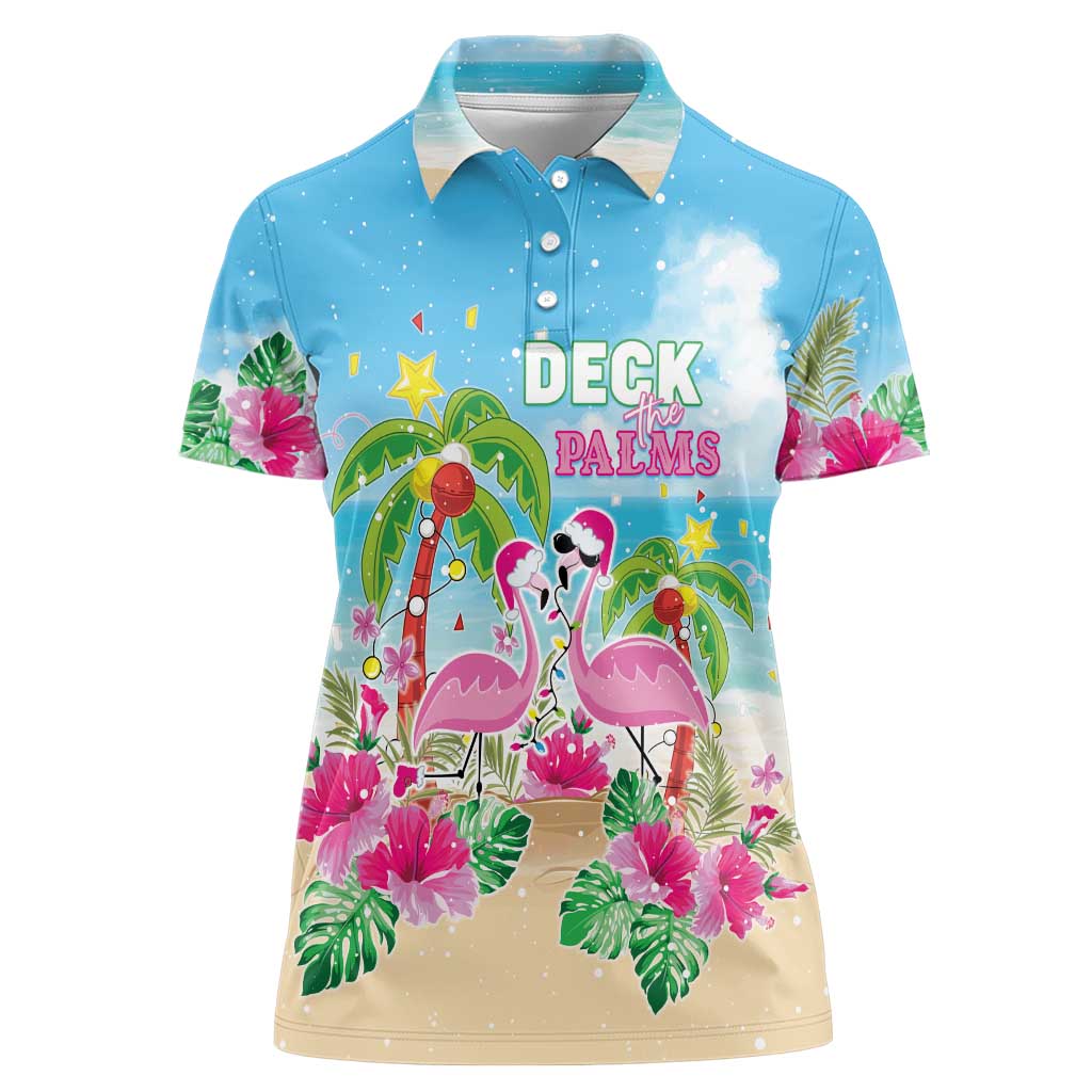 Hawaii Christmas Women Polo Shirt Deck The Palms Holiday Flamingos