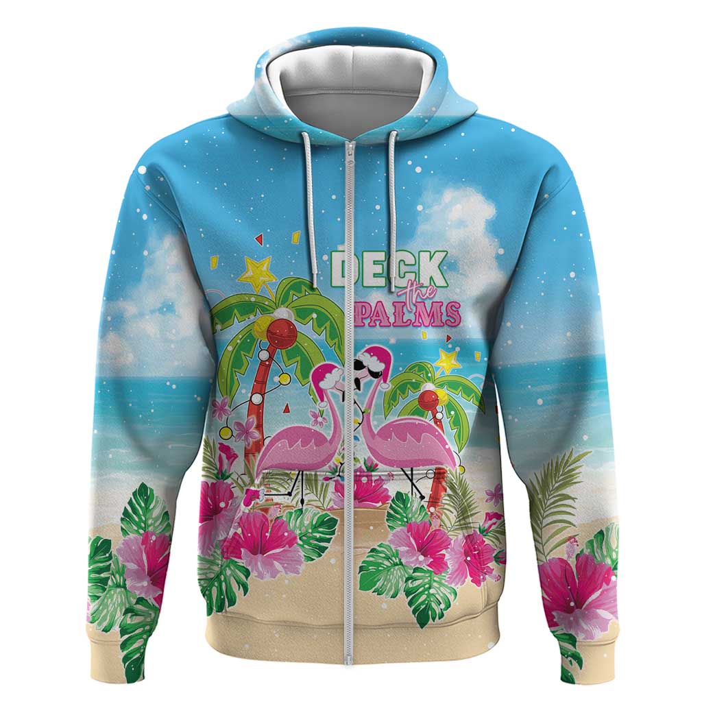 Hawaii Christmas Zip Hoodie Deck The Palms Holiday Flamingos