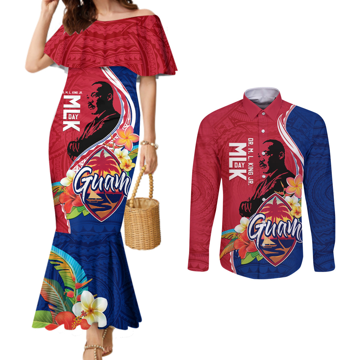 Guam Martin Luther King Jr Day Couples Matching Mermaid Dress and Long Sleeve Button Shirt LT05 Red - Polynesian Pride
