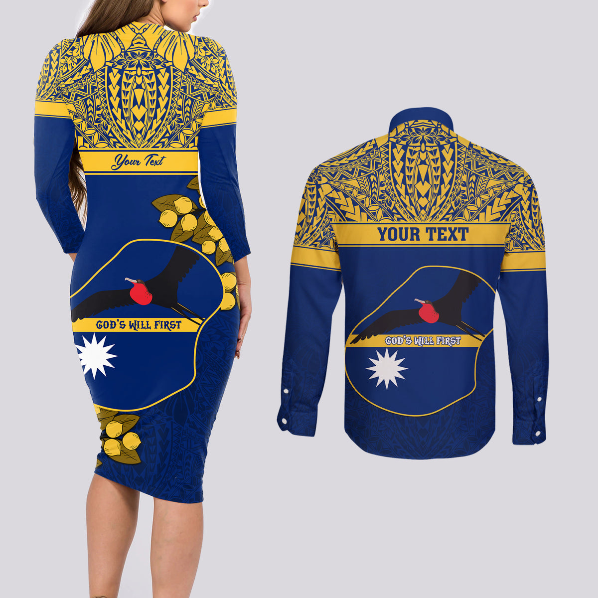 Personalised Repubrikin Naoero Independence Day Couples Matching Long Sleeve Bodycon Dress and Long Sleeve Button Shirt Tamanu With Coat Of Arms LT05 - Polynesian Pride