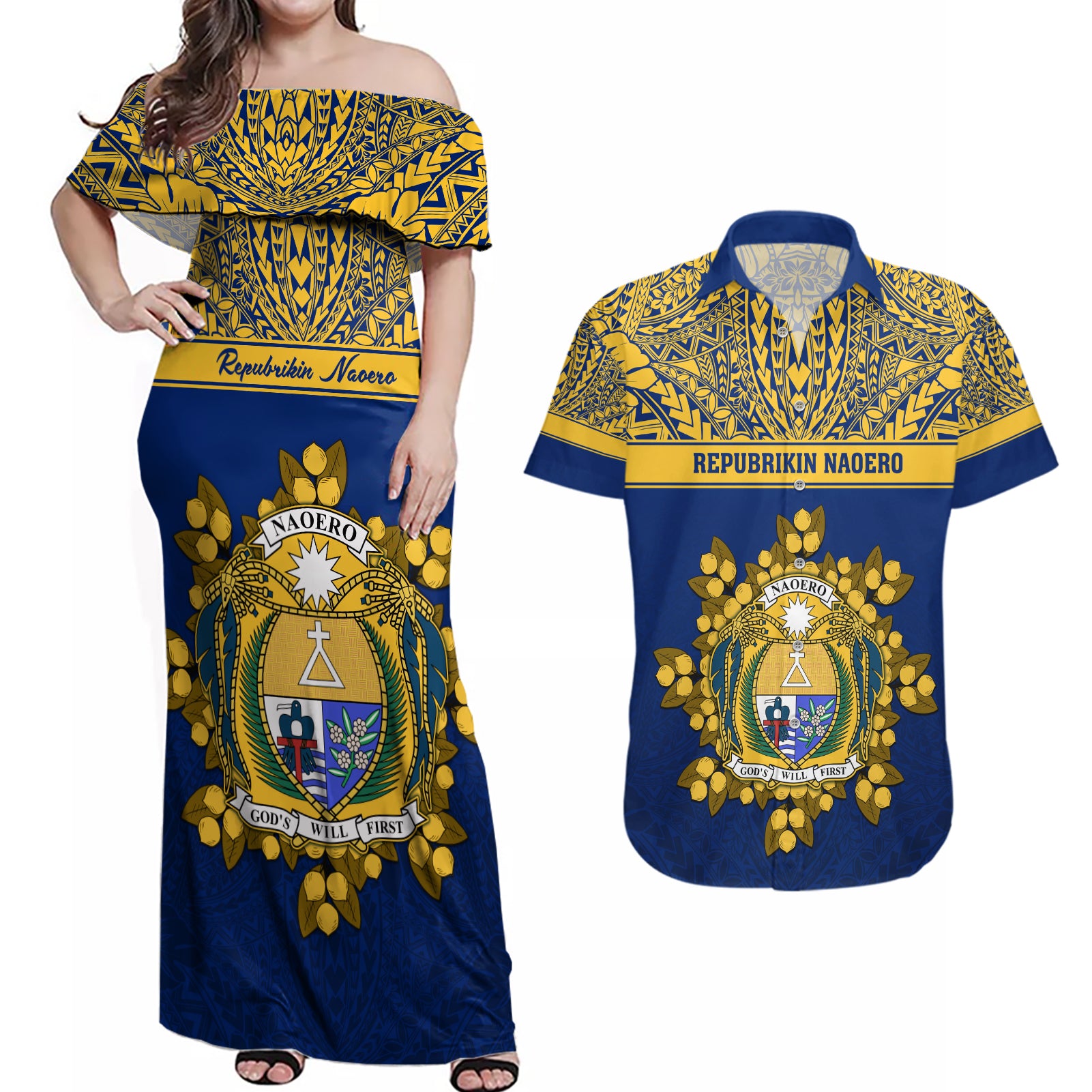 Personalised Repubrikin Naoero Independence Day Couples Matching Off Shoulder Maxi Dress and Hawaiian Shirt Tamanu With Coat Of Arms LT05 Yellow - Polynesian Pride