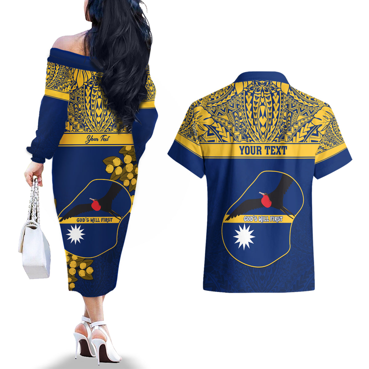 Personalised Repubrikin Naoero Independence Day Couples Matching Off The Shoulder Long Sleeve Dress and Hawaiian Shirt Tamanu With Coat Of Arms LT05 - Polynesian Pride