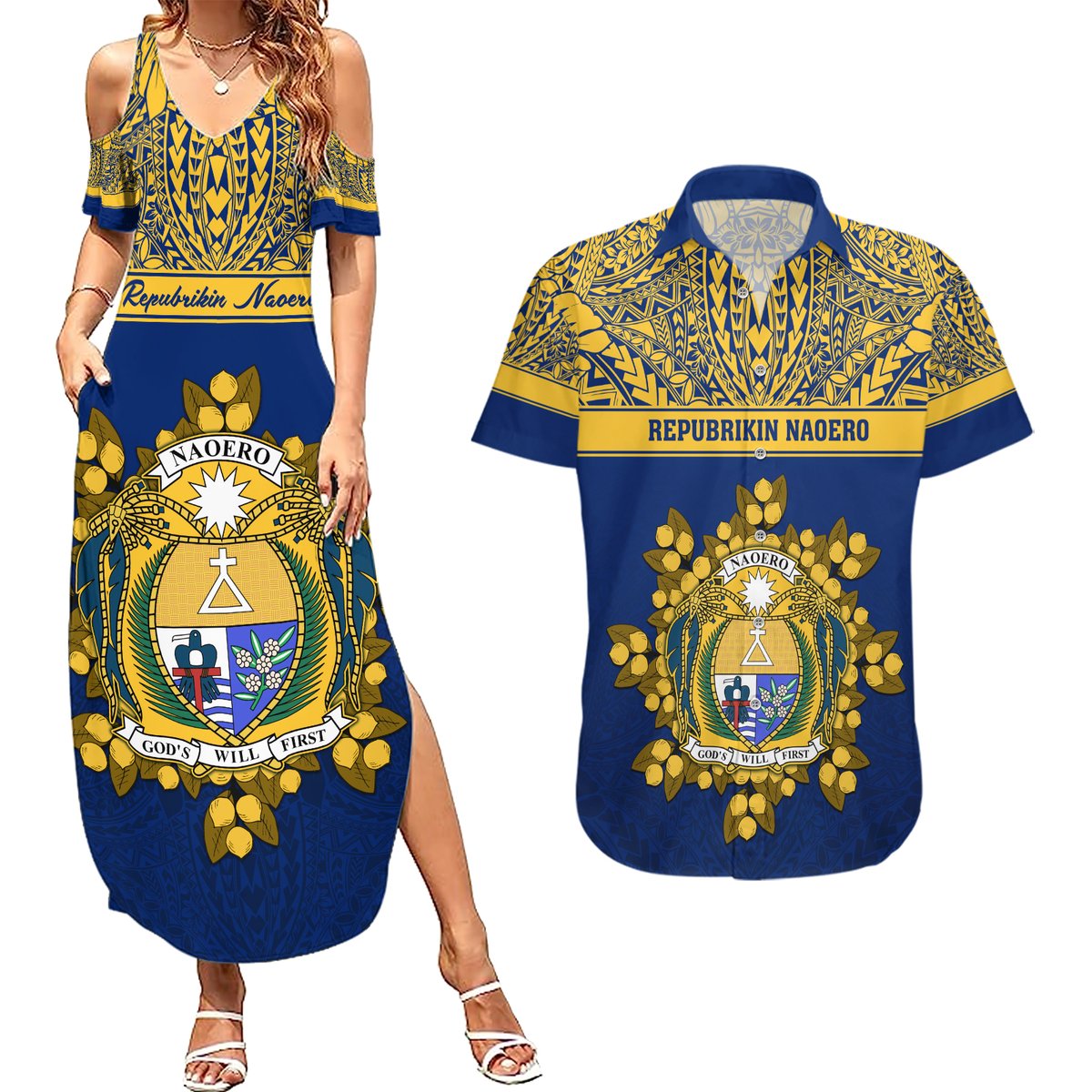 Personalised Repubrikin Naoero Independence Day Couples Matching Summer Maxi Dress and Hawaiian Shirt Tamanu With Coat Of Arms LT05 Yellow - Polynesian Pride