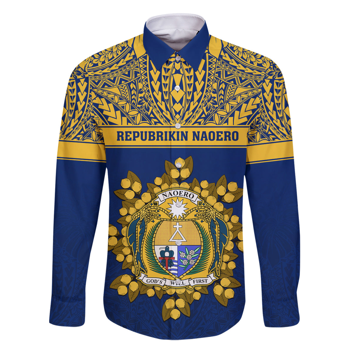 Personalised Repubrikin Naoero Independence Day Family Matching Long Sleeve Bodycon Dress and Hawaiian Shirt Tamanu With Coat Of Arms LT05 Dad's Shirt - Long Sleeve Yellow - Polynesian Pride