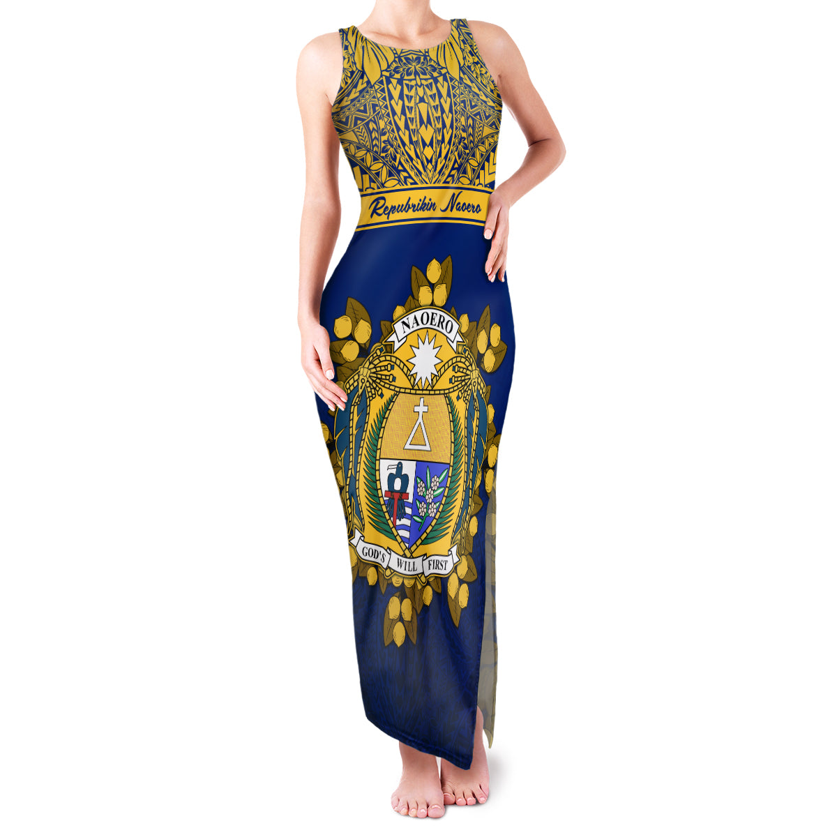 Personalised Repubrikin Naoero Independence Day Family Matching Tank Maxi Dress and Hawaiian Shirt Tamanu With Coat Of Arms LT05 Mom's Dress Yellow - Polynesian Pride