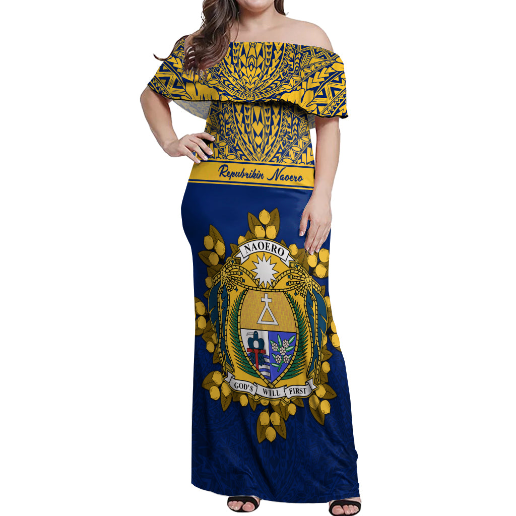 Personalised Repubrikin Naoero Independence Day Off Shoulder Maxi Dress Tamanu With Coat Of Arms LT05 Women Yellow - Polynesian Pride