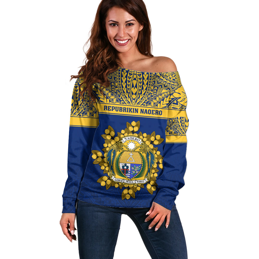 Personalised Repubrikin Naoero Independence Day Off Shoulder Sweater Tamanu With Coat Of Arms LT05 Women Yellow - Polynesian Pride
