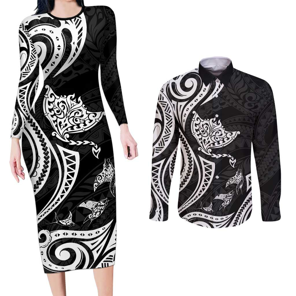 Hawaii Manta Ray Couples Matching Long Sleeve Bodycon Dress and Long Sleeve Button Shirt Polynesian Art Tattoo