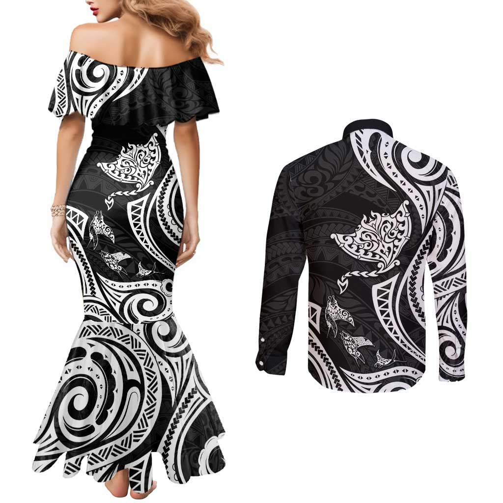 Hawaii Manta Ray Couples Matching Mermaid Dress and Long Sleeve Button Shirt Polynesian Art Tattoo