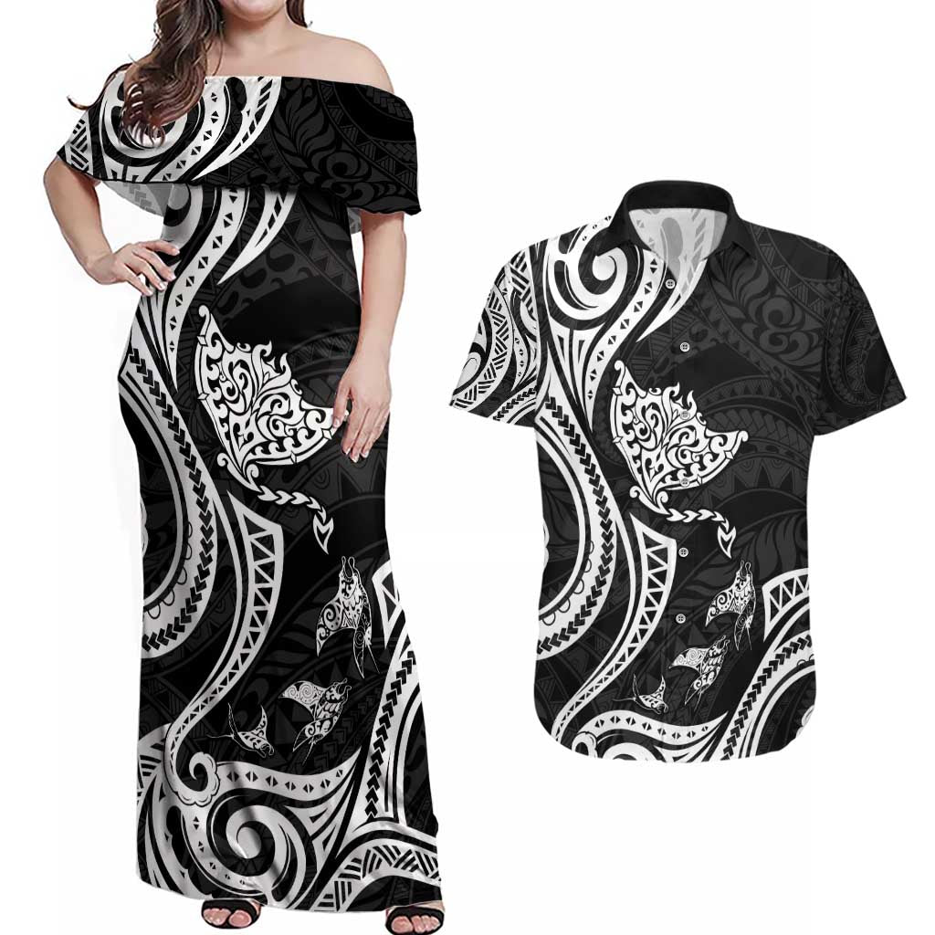 Hawaii Manta Ray Couples Matching Off Shoulder Maxi Dress and Hawaiian Shirt Polynesian Art Tattoo