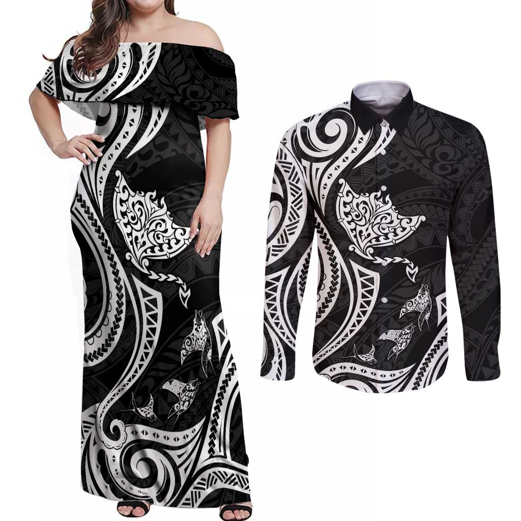 Hawaii Manta Ray Couples Matching Off Shoulder Maxi Dress and Long Sleeve Button Shirt Polynesian Art Tattoo