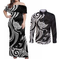 Hawaii Manta Ray Couples Matching Off Shoulder Maxi Dress and Long Sleeve Button Shirt Polynesian Art Tattoo