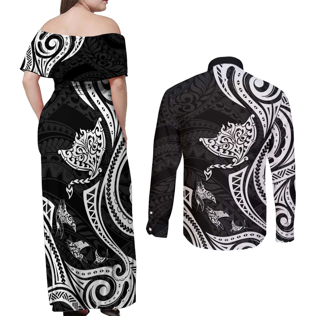 Hawaii Manta Ray Couples Matching Off Shoulder Maxi Dress and Long Sleeve Button Shirt Polynesian Art Tattoo