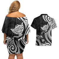 Hawaii Manta Ray Couples Matching Off Shoulder Short Dress and Hawaiian Shirt Polynesian Art Tattoo