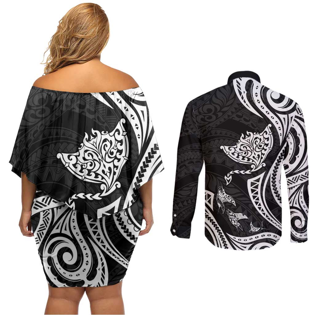 Hawaii Manta Ray Couples Matching Off Shoulder Short Dress and Long Sleeve Button Shirt Polynesian Art Tattoo