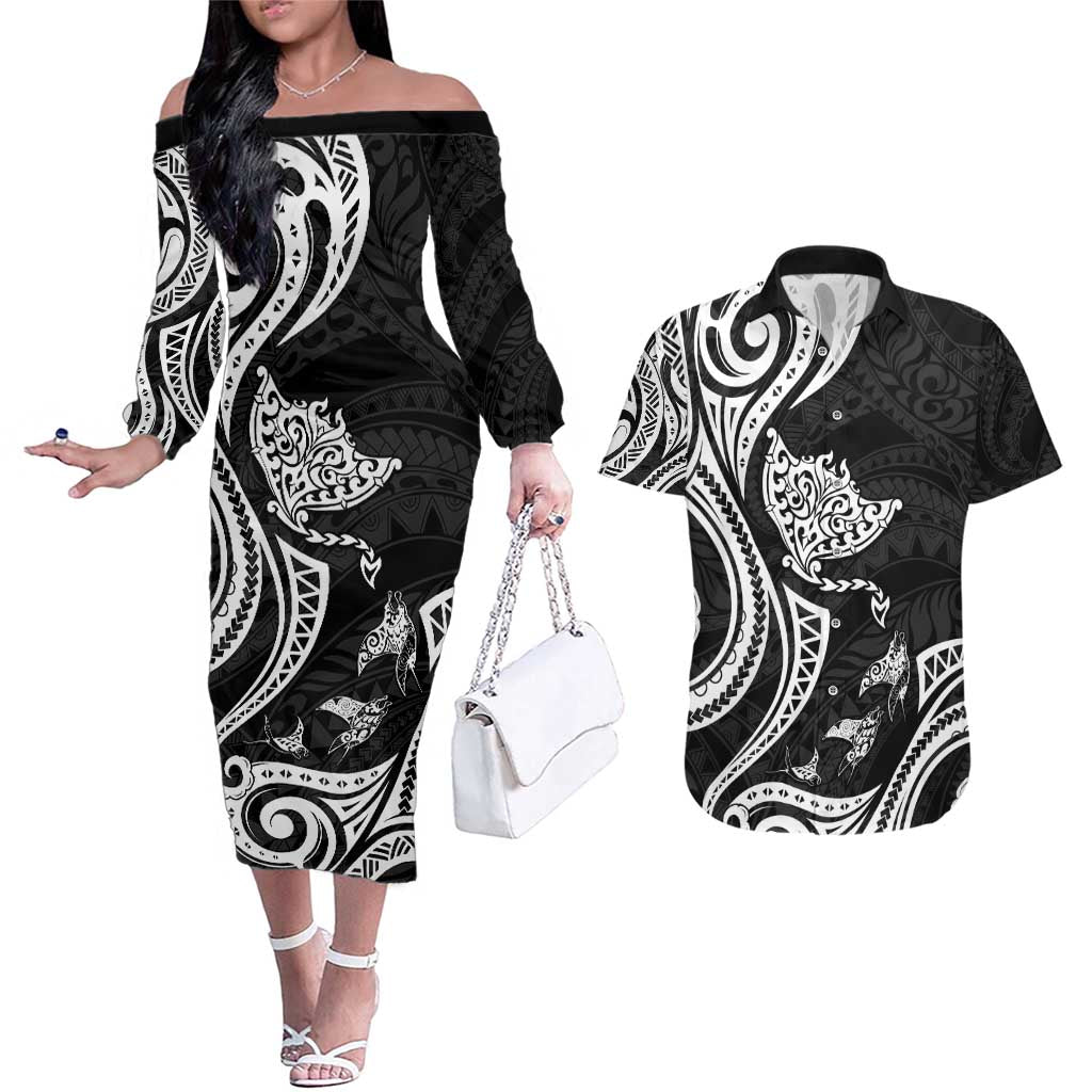 Hawaii Manta Ray Couples Matching Off The Shoulder Long Sleeve Dress and Hawaiian Shirt Polynesian Art Tattoo