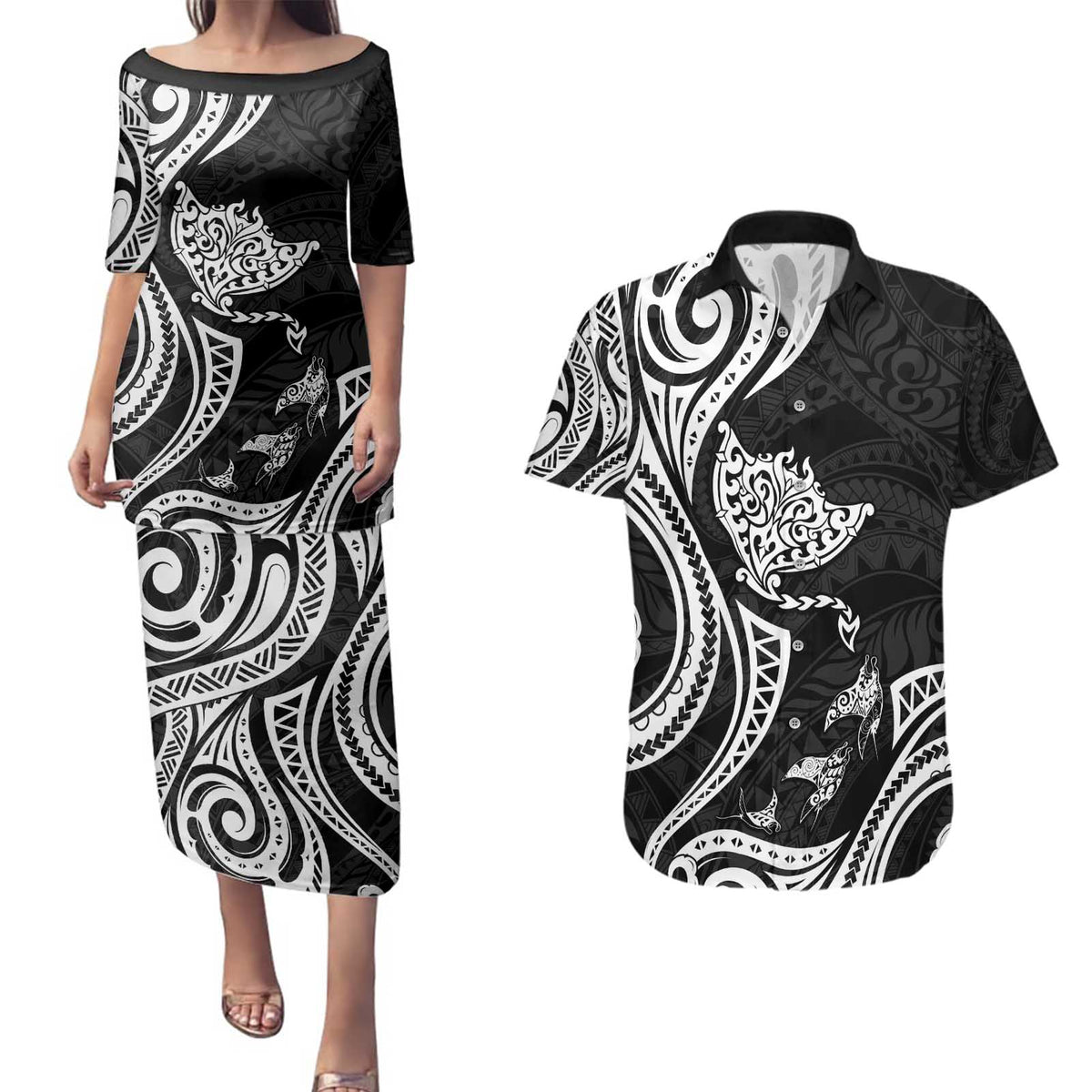 Hawaii Manta Ray Couples Matching Puletasi and Hawaiian Shirt Polynesian Art Tattoo