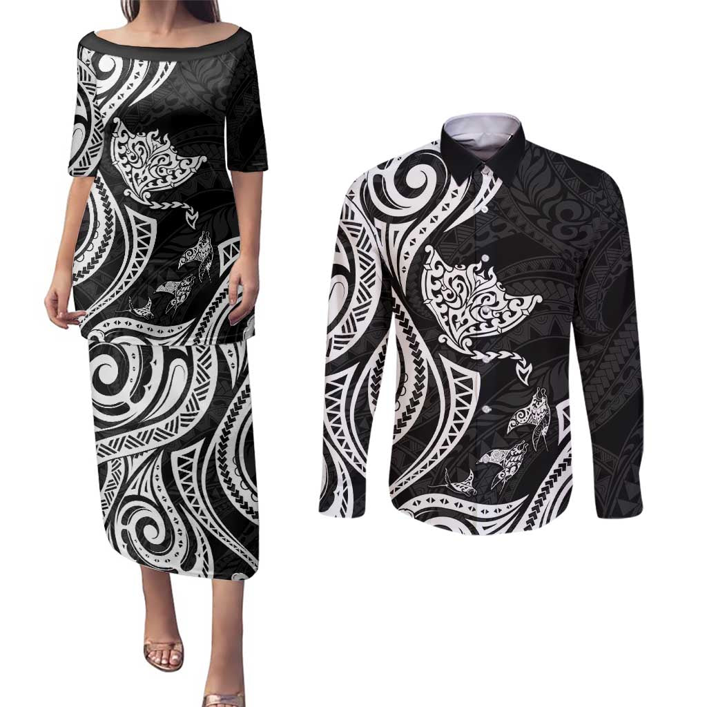 Hawaii Manta Ray Couples Matching Puletasi and Long Sleeve Button Shirt Polynesian Art Tattoo