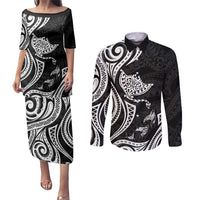 Hawaii Manta Ray Couples Matching Puletasi and Long Sleeve Button Shirt Polynesian Art Tattoo