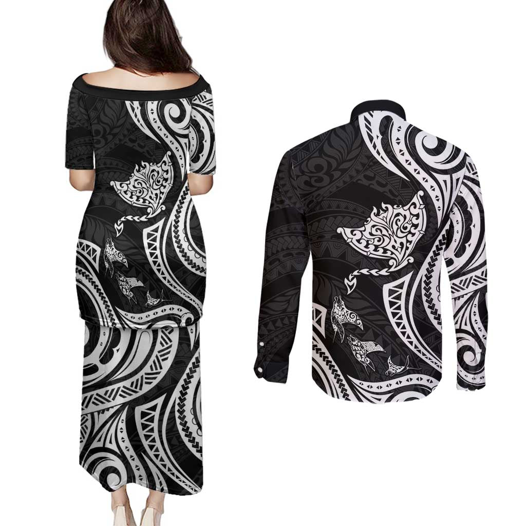 Hawaii Manta Ray Couples Matching Puletasi and Long Sleeve Button Shirt Polynesian Art Tattoo