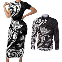 Hawaii Manta Ray Couples Matching Short Sleeve Bodycon Dress and Long Sleeve Button Shirt Polynesian Art Tattoo