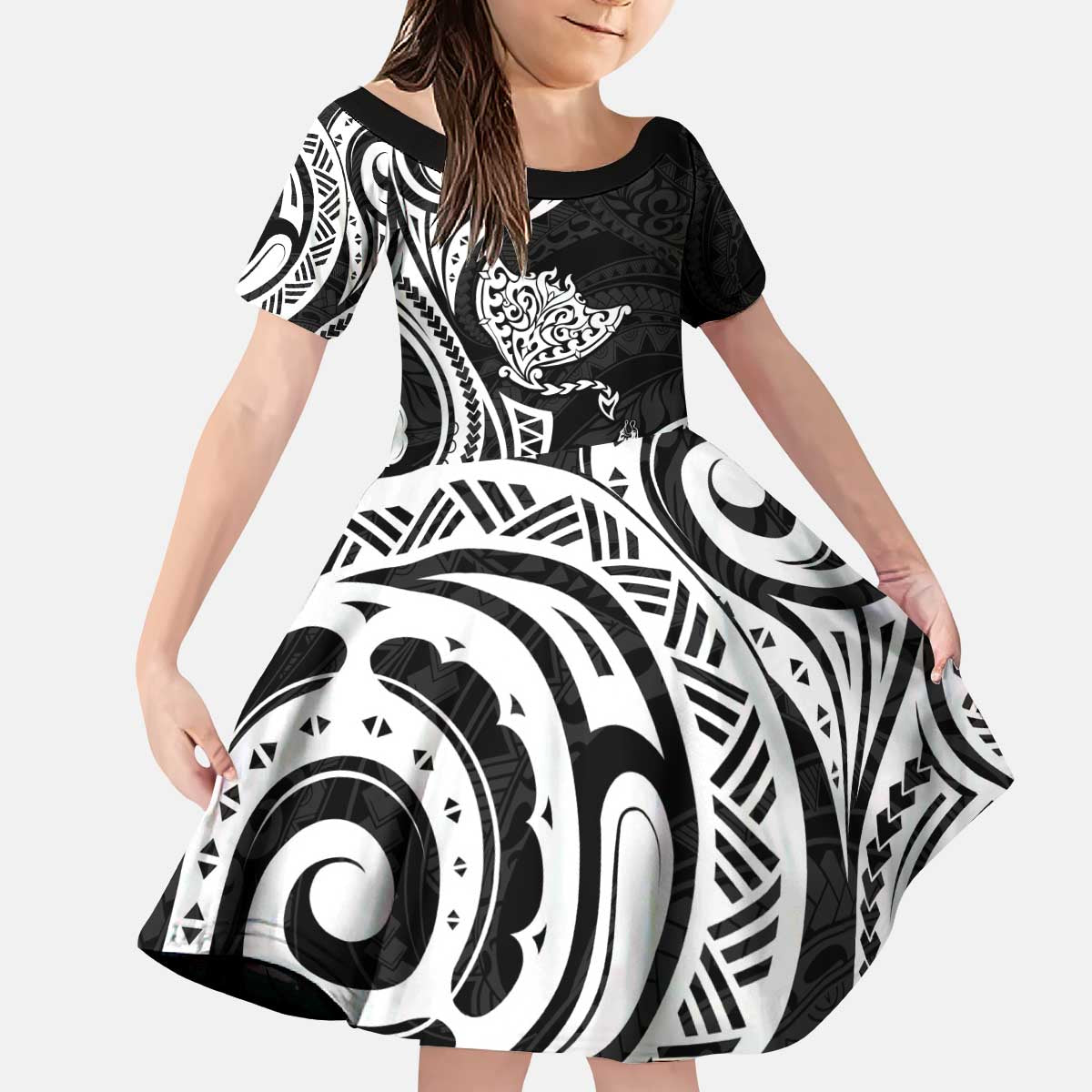 Hawaii Manta Ray Kid Short Sleeve Dress Polynesian Art Tattoo