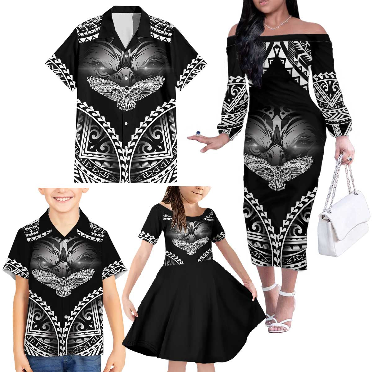 Hawaiian Hawk Family Matching Off The Shoulder Long Sleeve Dress and Hawaiian Shirt Polynesian Pattern Style