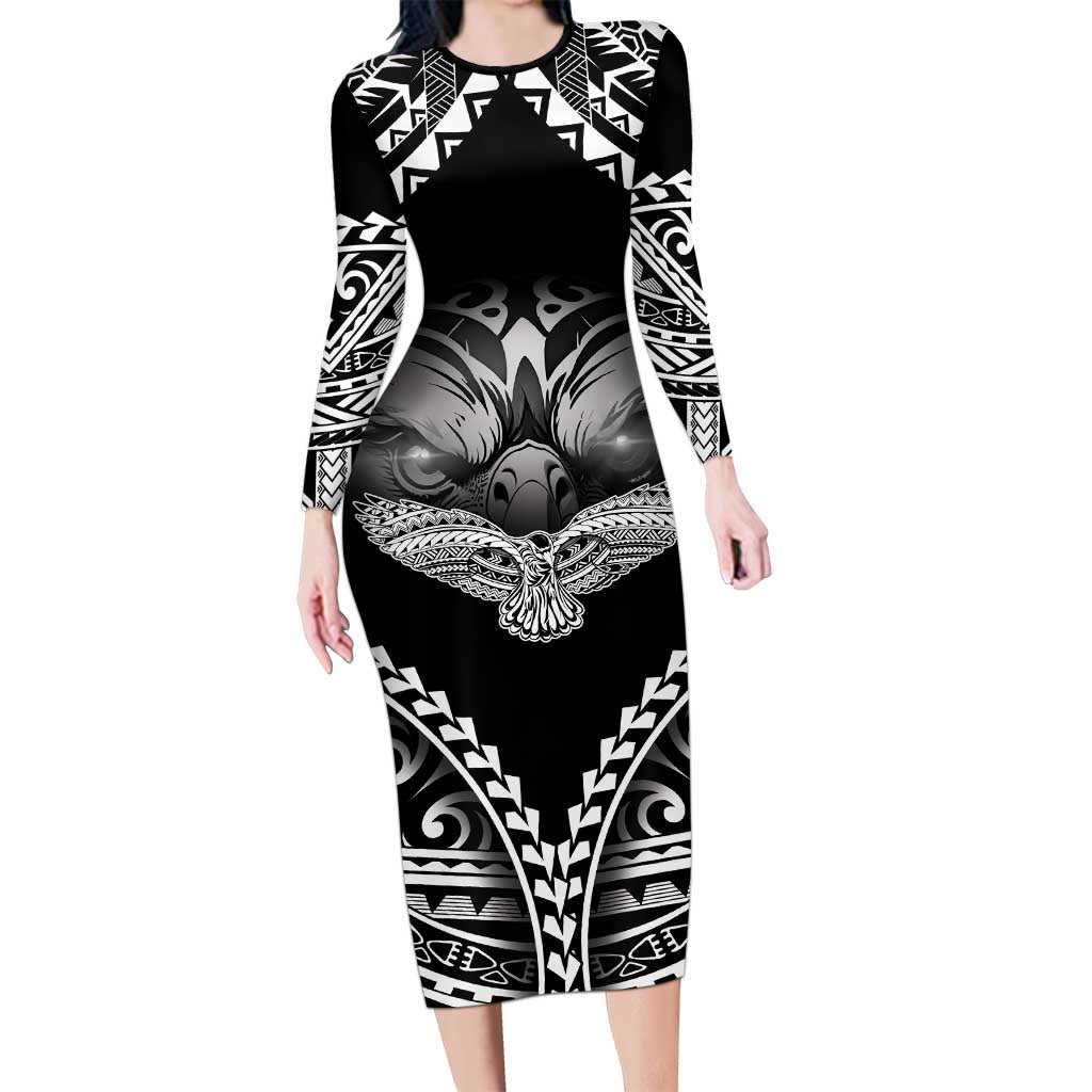 Hawaiian Hawk Long Sleeve Bodycon Dress Polynesian Pattern Style