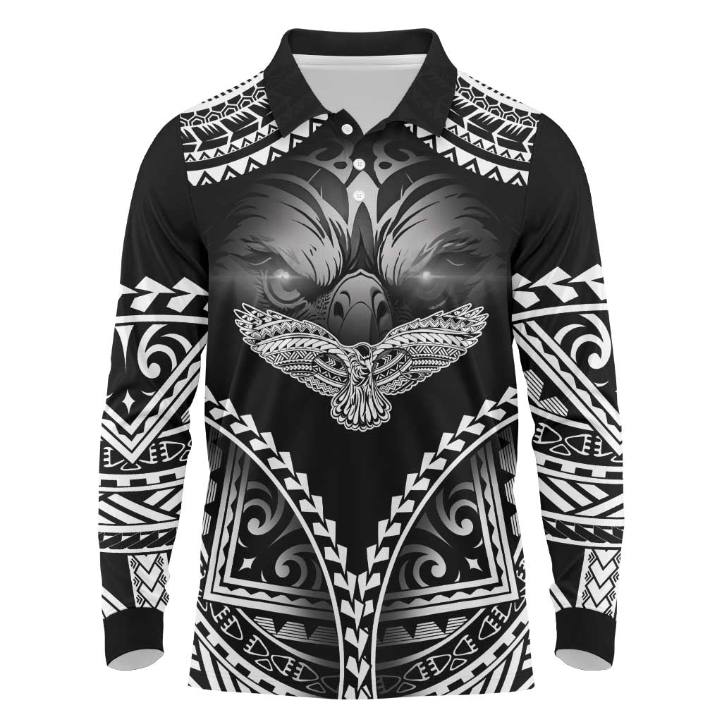 Hawaiian Hawk Long Sleeve Polo Shirt Polynesian Pattern Style