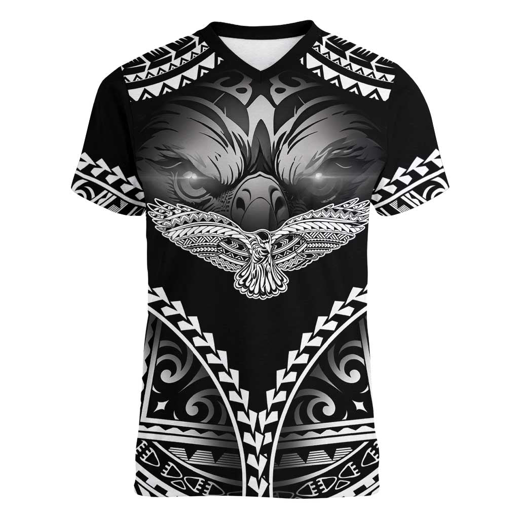 Hawaiian Hawk Women V-Neck T-Shirt Polynesian Pattern Style