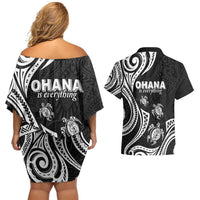 Hawaii Ohana Means Family Couples Matching Off Shoulder Short Dress and Hawaiian Shirt Sea Turtle Polynesian Style