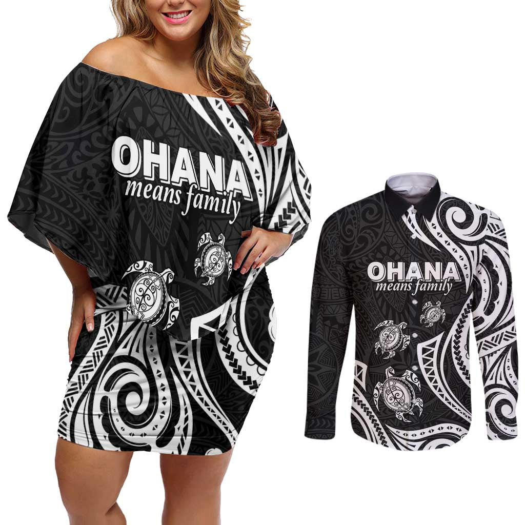 Hawaii Ohana Means Family Couples Matching Off Shoulder Short Dress and Long Sleeve Button Shirt Sea Turtle Polynesian Style