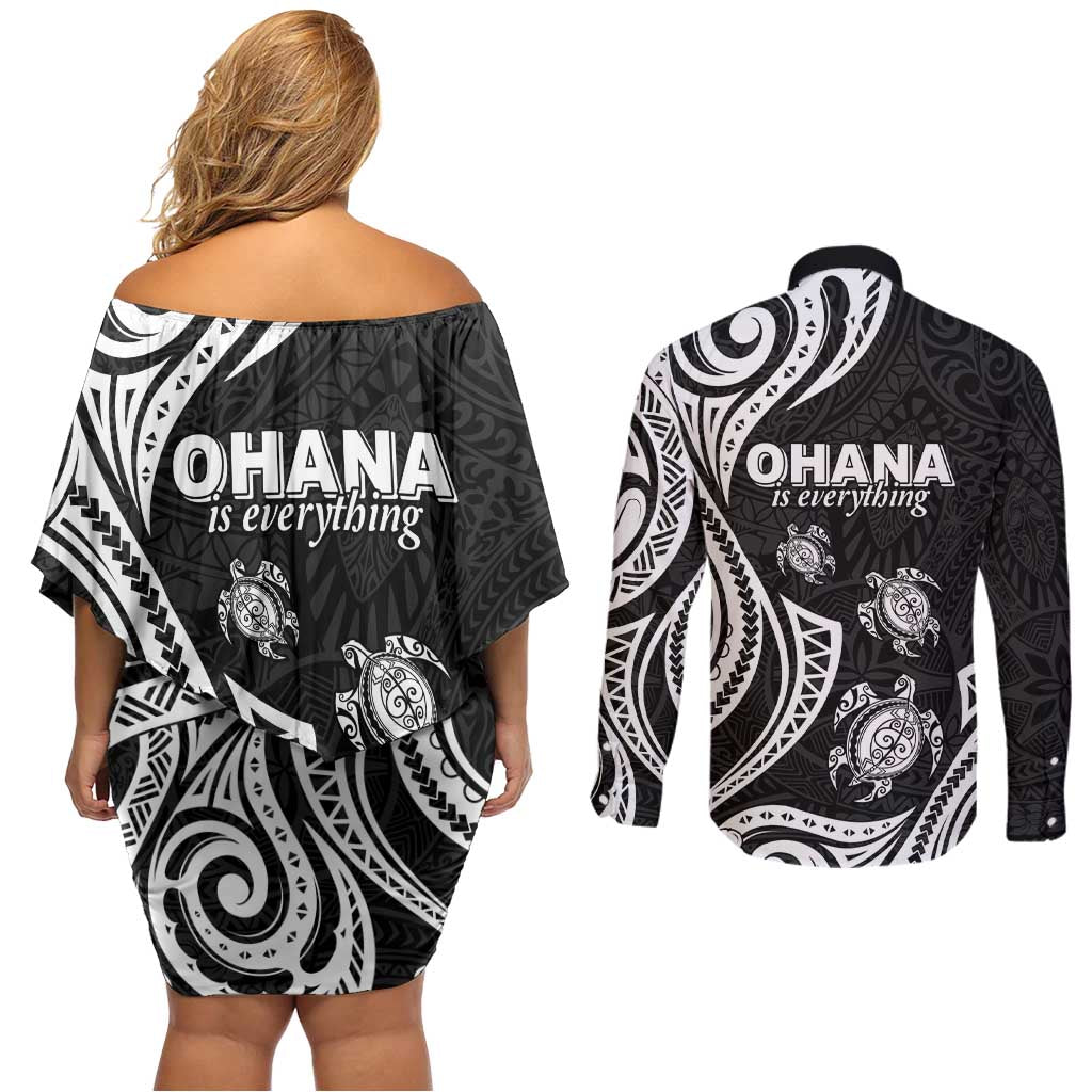Hawaii Ohana Means Family Couples Matching Off Shoulder Short Dress and Long Sleeve Button Shirt Sea Turtle Polynesian Style