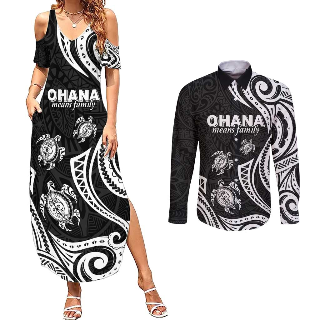 Hawaii Ohana Means Family Couples Matching Summer Maxi Dress and Long Sleeve Button Shirt Sea Turtle Polynesian Style