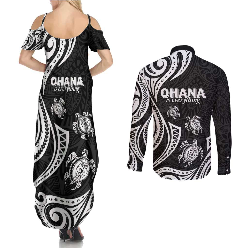 Hawaii Ohana Means Family Couples Matching Summer Maxi Dress and Long Sleeve Button Shirt Sea Turtle Polynesian Style