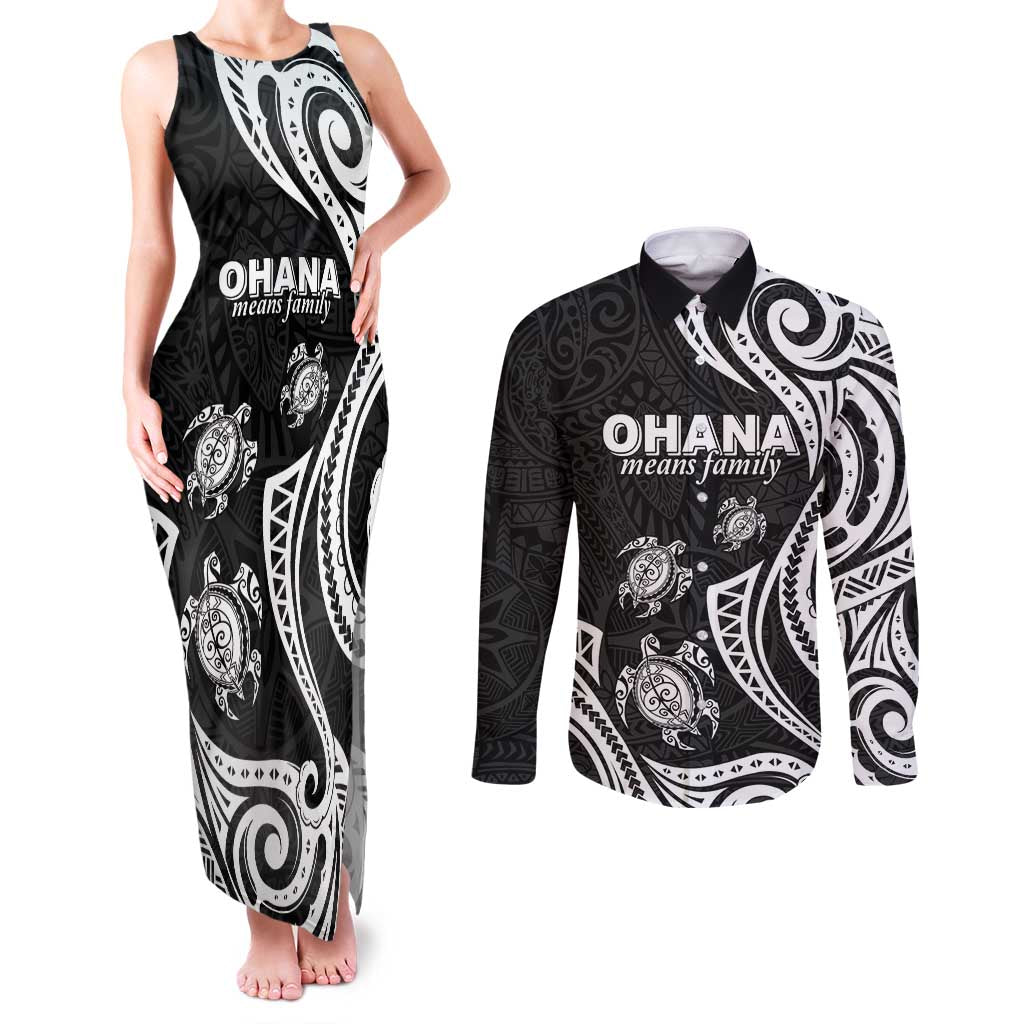 Hawaii Ohana Means Family Couples Matching Tank Maxi Dress and Long Sleeve Button Shirt Sea Turtle Polynesian Style