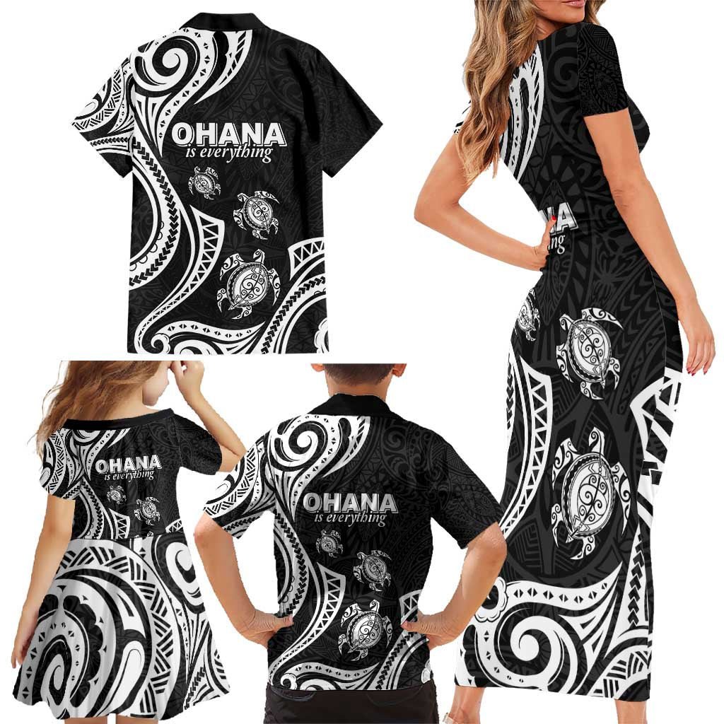 Hawaii Ohana Means Family Family Matching Short Sleeve Bodycon Dress and Hawaiian Shirt Sea Turtle Polynesian Style