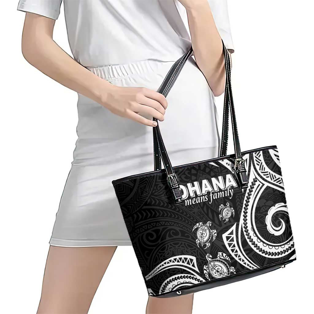 Hawaii Ohana Means Family Leather Tote Bag Sea Turtle Polynesian Style