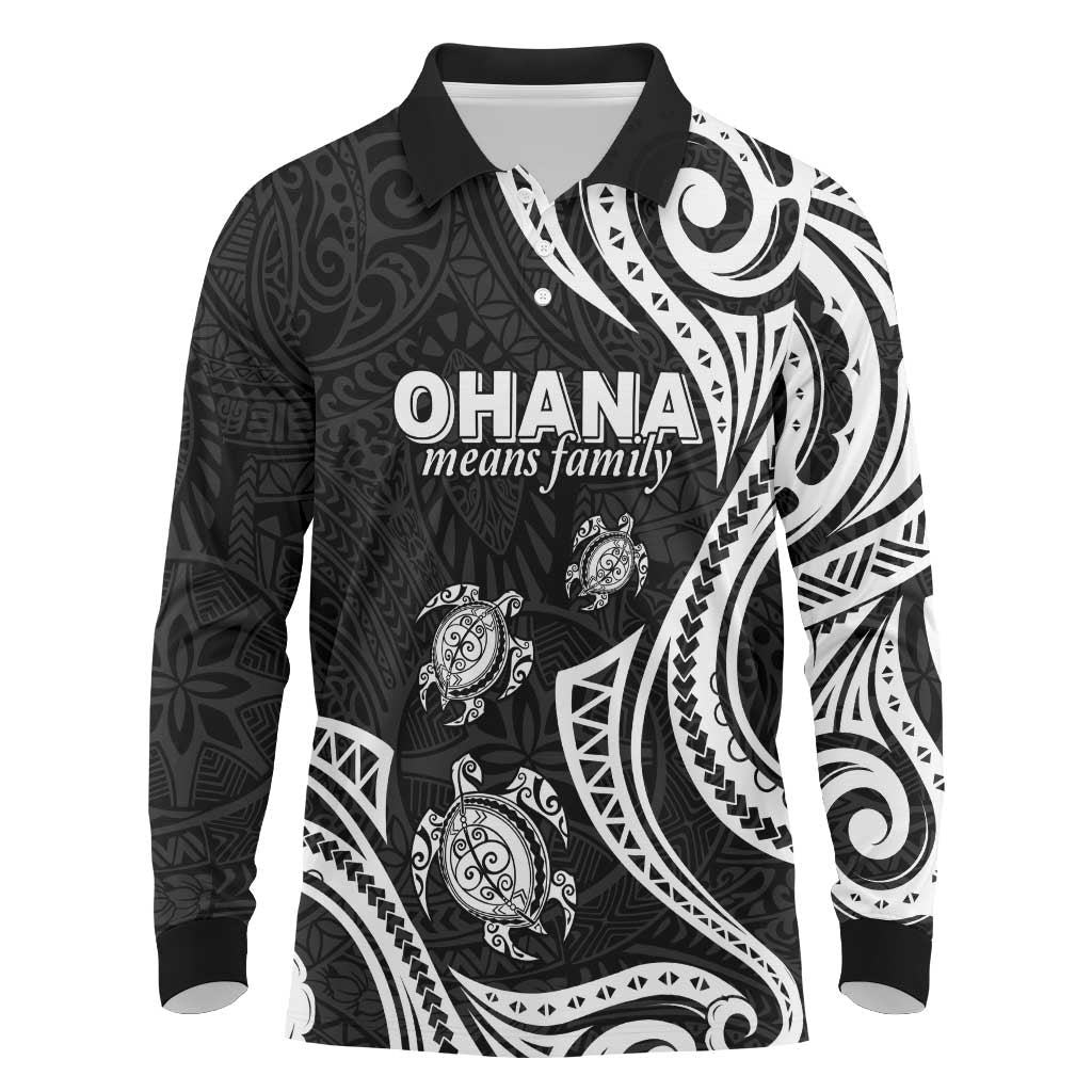 Hawaii Ohana Means Family Long Sleeve Polo Shirt Sea Turtle Polynesian Style