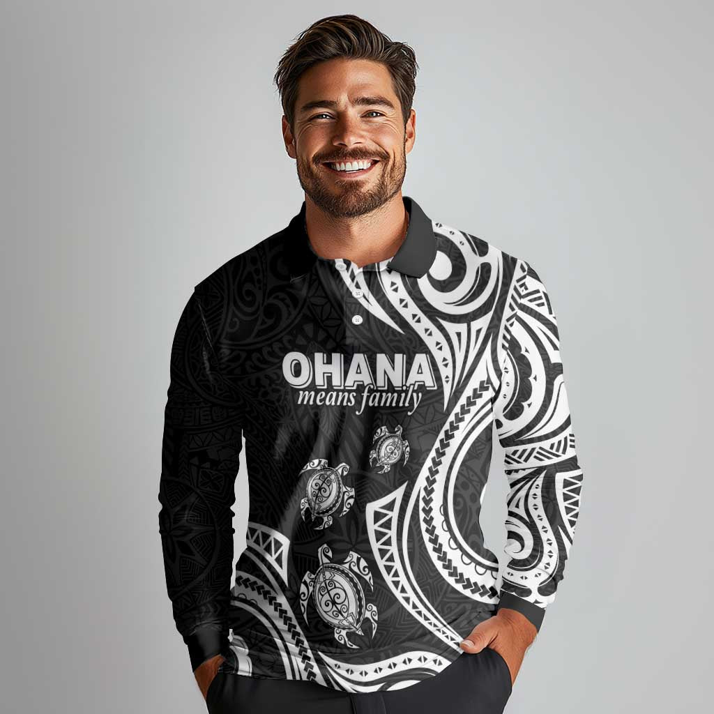 Hawaii Ohana Means Family Long Sleeve Polo Shirt Sea Turtle Polynesian Style